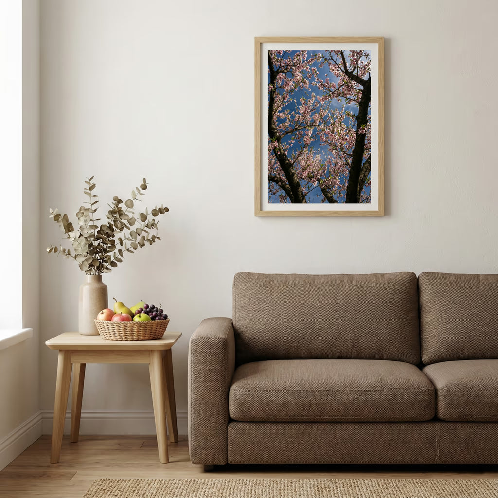 Dirt forest road scattered with autumn leaves and an early dusting of snow — wooden-frame wall art print, 20×30 in