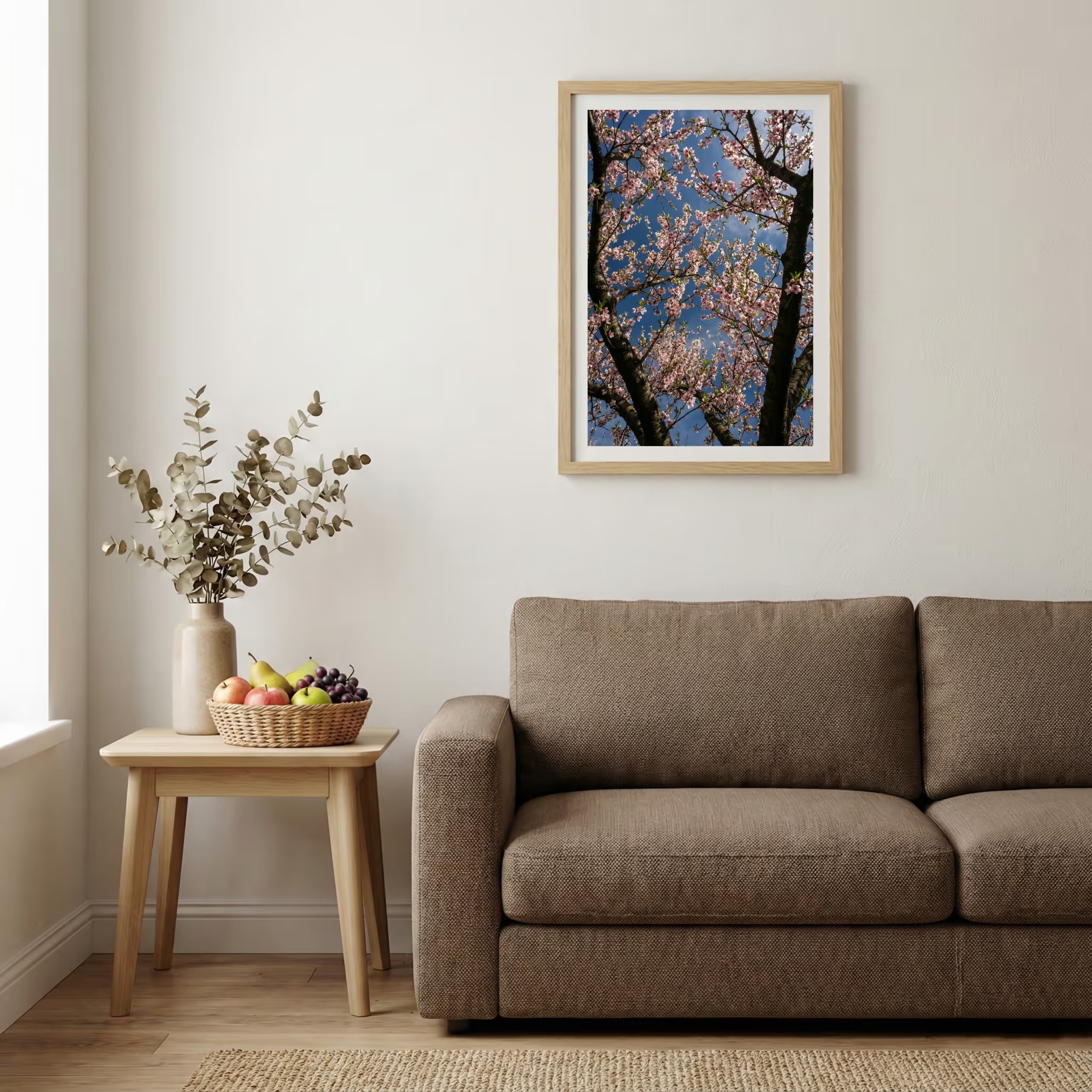 Dirt forest road scattered with autumn leaves and an early dusting of snow — wooden-frame wall art print, 20×30 in