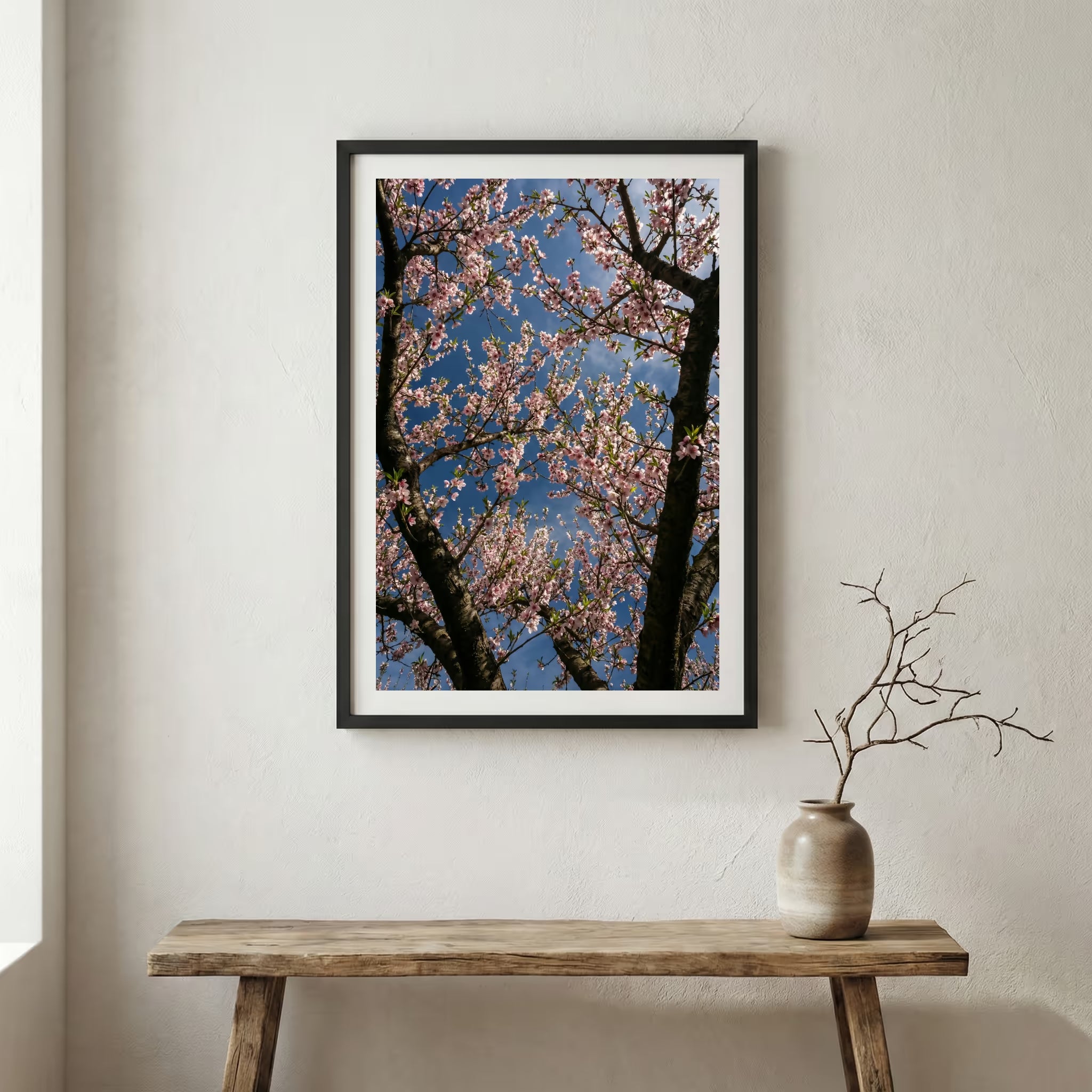 Dirt forest road scattered with autumn leaves and an early dusting of snow — wooden frame canvas wall art print, 12×18 in