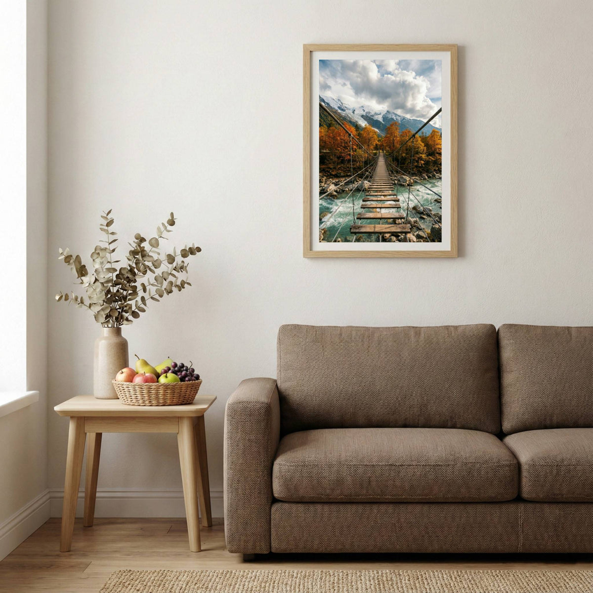 Wooden suspension bridge crossing a river gorge lined with autumn foliage — wooden-frame wall art print, 20×30 in