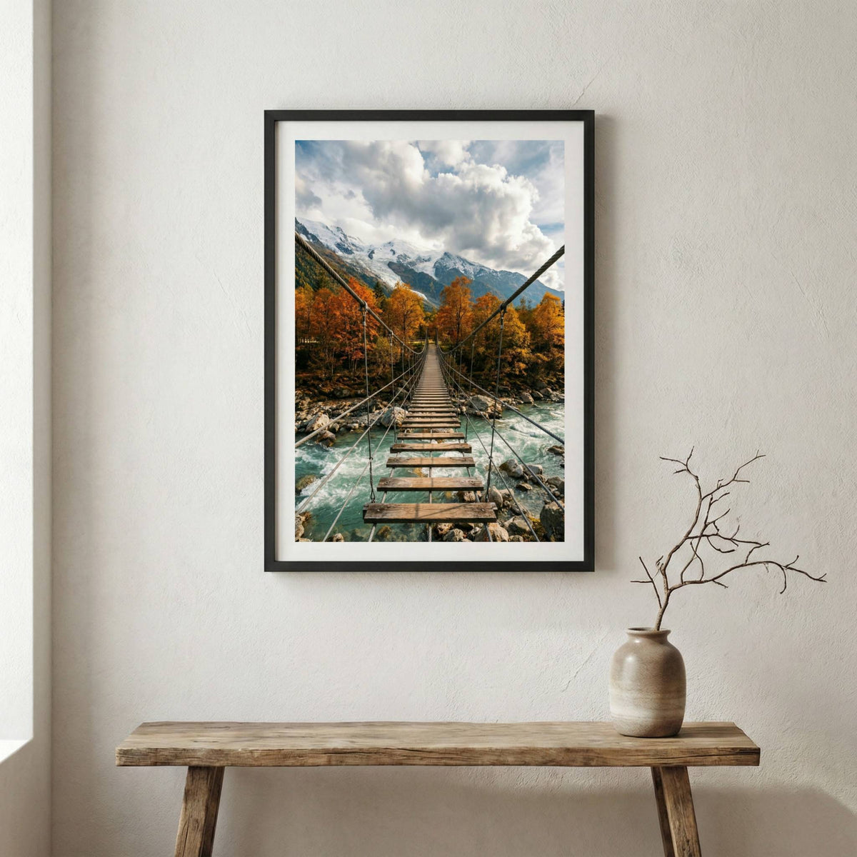 Wooden suspension bridge crossing a river gorge lined with autumn foliage — wooden frame canvas wall art print, 12×18 in