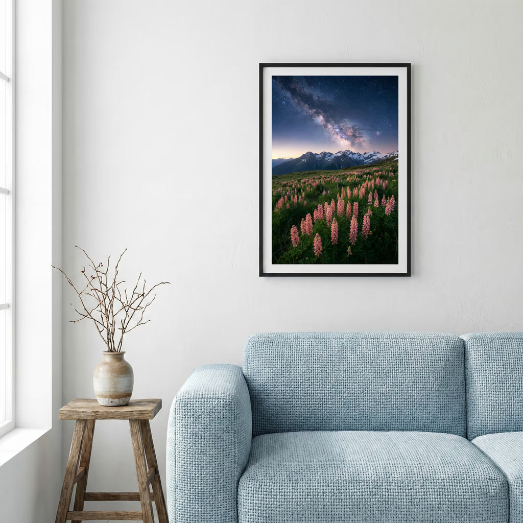 Wooden suspension bridge crossing a river gorge lined with autumn foliage — framed canvas wall art in a wooden frame, 16×24 in