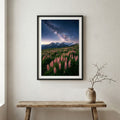 Wooden suspension bridge crossing a river gorge lined with autumn foliage — wooden frame canvas wall art print, 12×18 in
