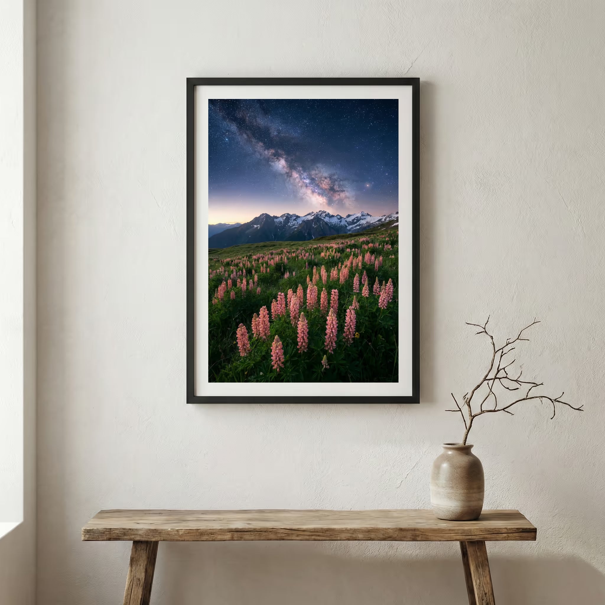 Wooden suspension bridge crossing a river gorge lined with autumn foliage — wooden frame canvas wall art print, 12×18 in