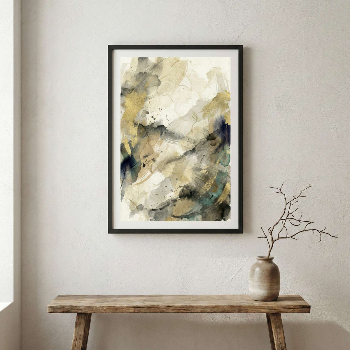 Black Gold Cream Marbled Abstract canvas wall art in a framed room setting
