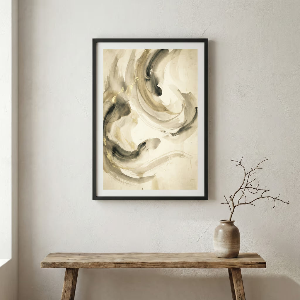 Cream Black Fluid Abstract canvas wall art in a framed room setting