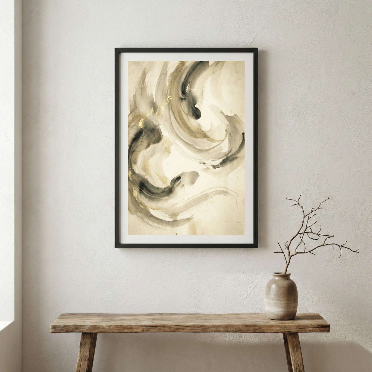 Cream Black Fluid Abstract canvas wall art in a framed room setting