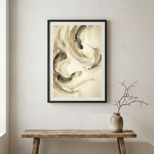 Cream Black Fluid Abstract canvas wall art in a framed room setting