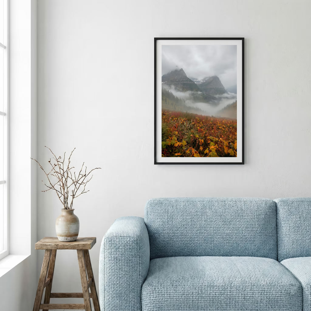 Pink blossom branches reaching into a vivid blue sky — framed canvas wall art in a wooden frame, 16×24 in