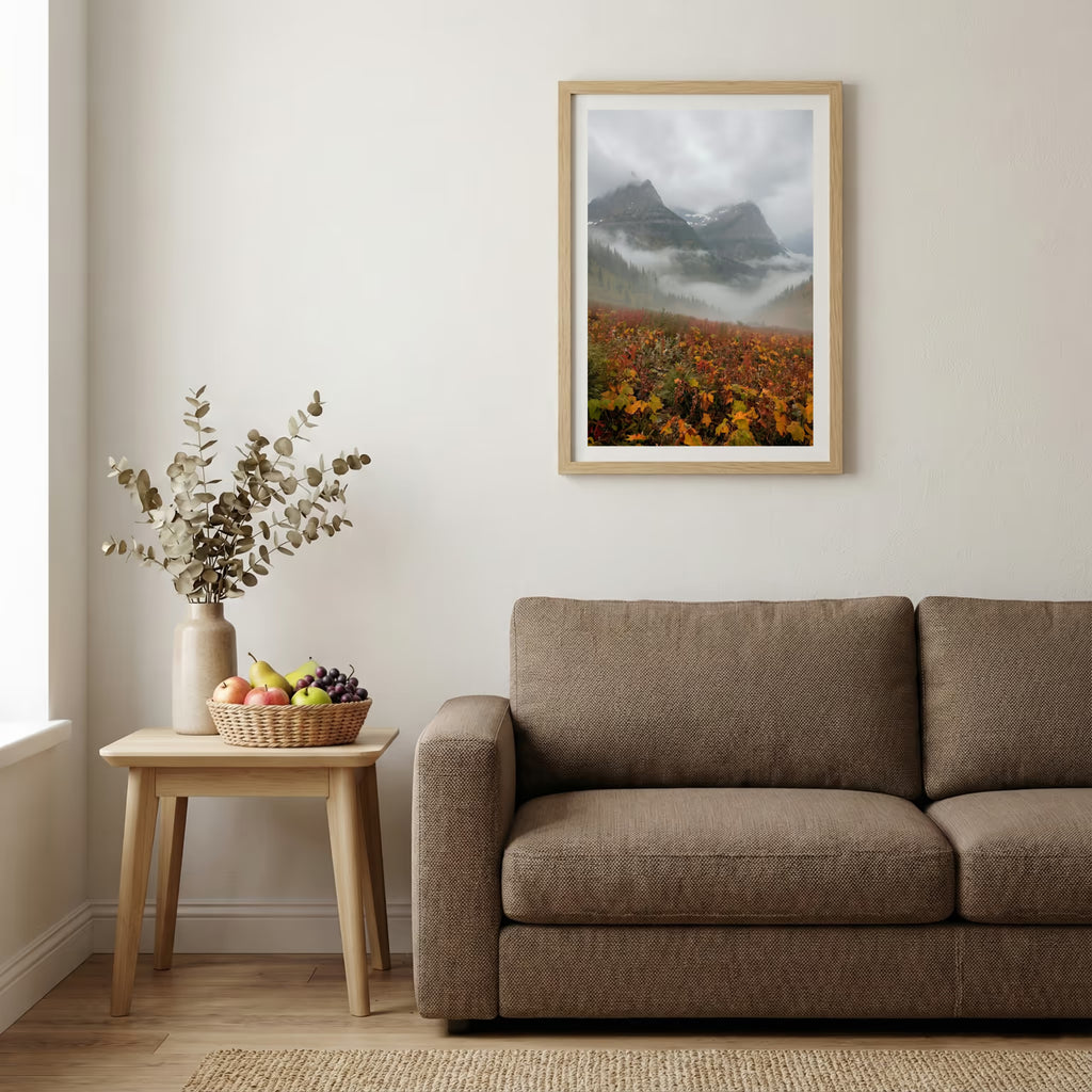 Pink blossom branches reaching into a vivid blue sky — wooden-frame wall art print, 20×30 in