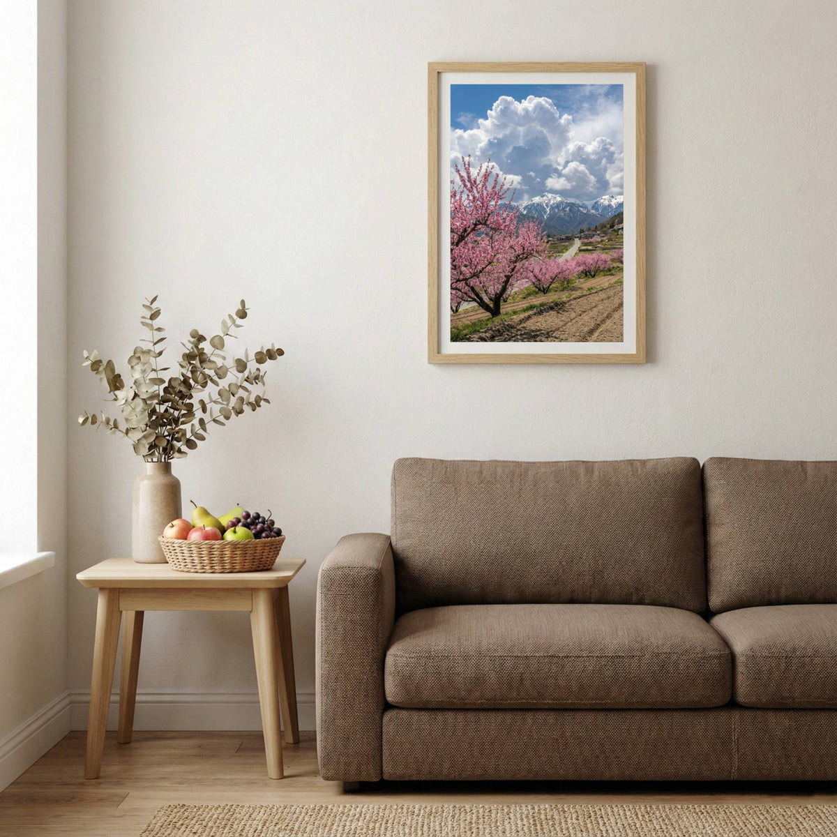 Blossoming trees lining a hillside path under a bright, cloud-filled blue sky — wooden-frame wall art print, 20×30 in