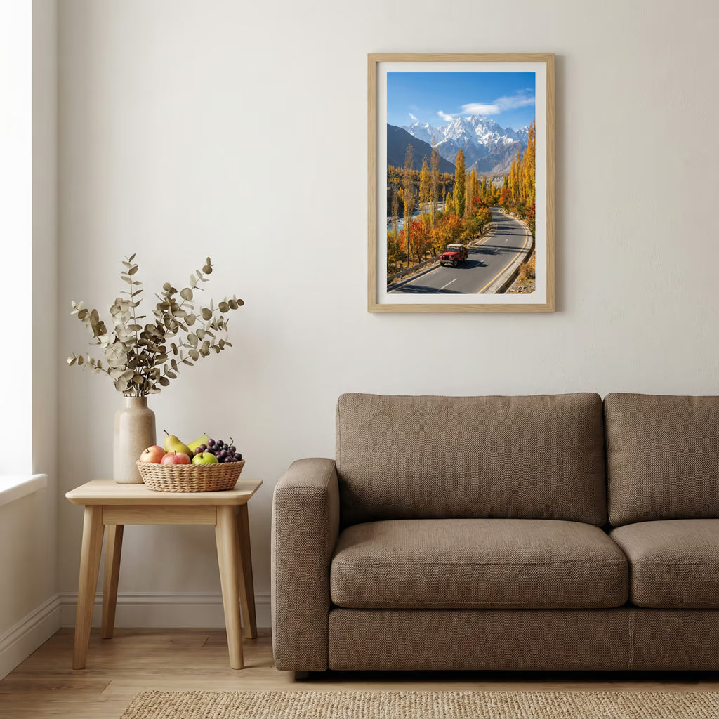 Blossoming trees lining a hillside path under a bright, cloud-filled blue sky — wooden-frame wall art print, 20×30 in