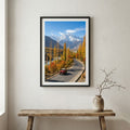 Blossoming trees lining a hillside path under a bright, cloud-filled blue sky — wooden frame canvas wall art print, 12×18 in