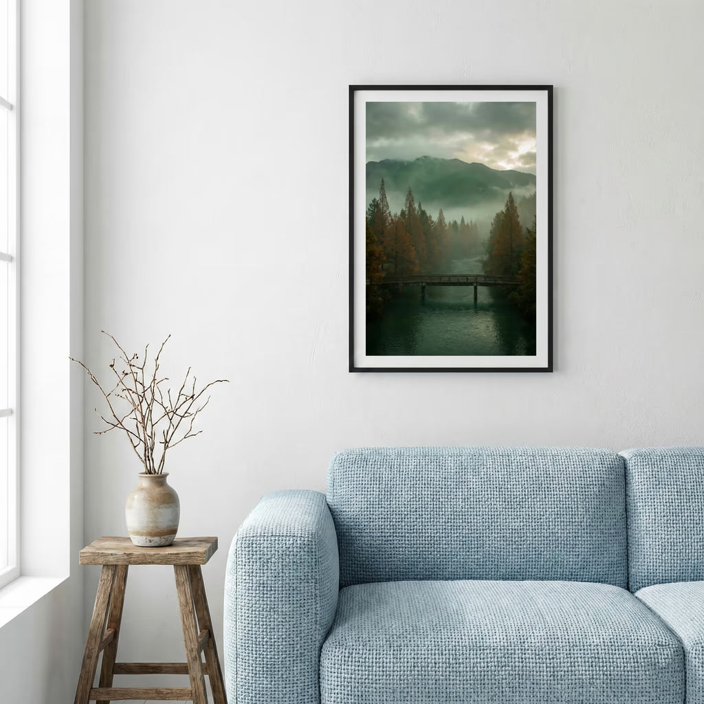 Aerial view of a blossoming valley with a road and a snow-capped mountain beyond — framed canvas wall art in a wooden frame, 16×24 in