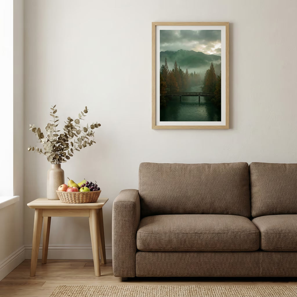 Aerial view of a blossoming valley with a road and a snow-capped mountain beyond — wooden-frame wall art print, 20×30 in