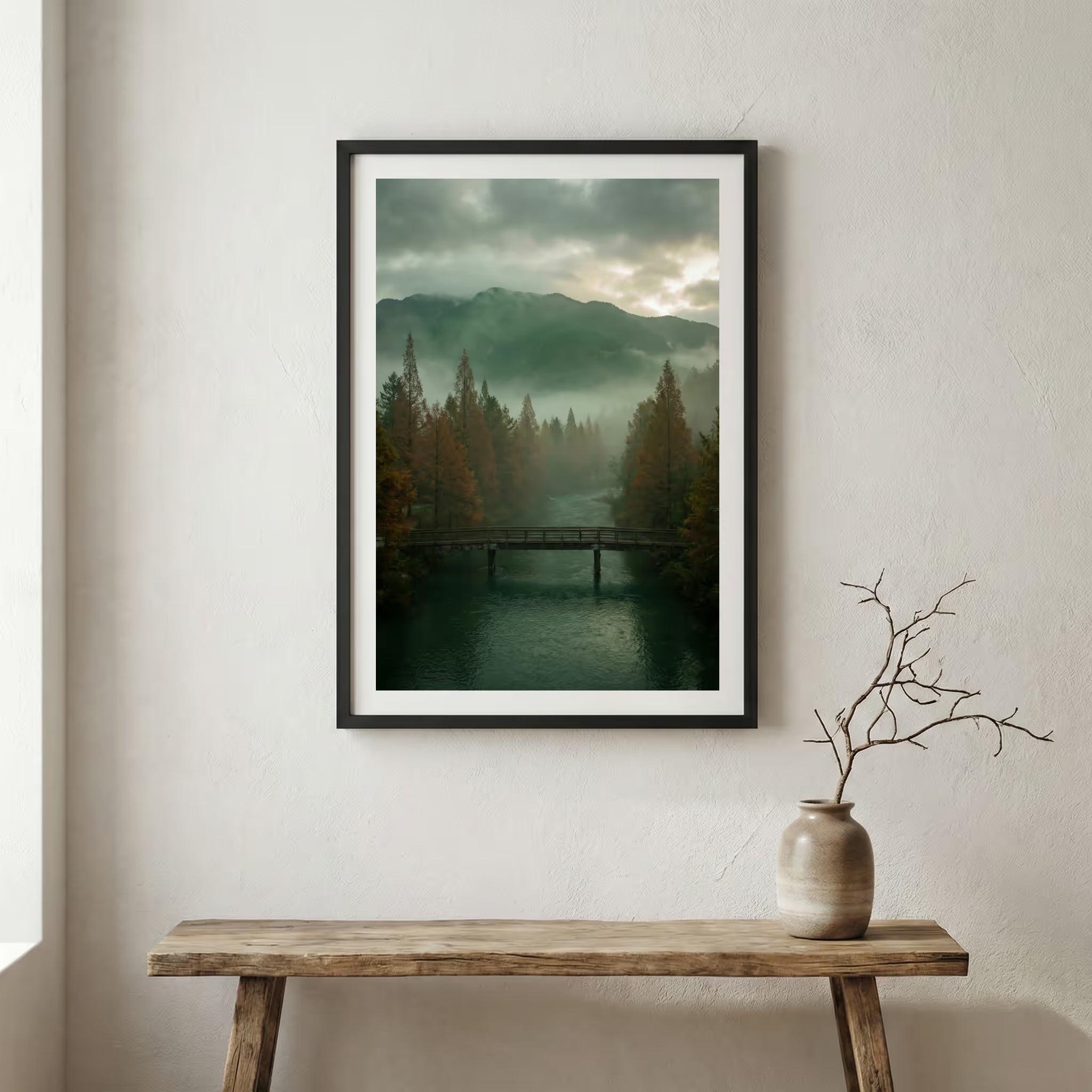 Aerial view of a blossoming valley with a road and a snow-capped mountain beyond — wooden frame canvas wall art print, 12×18 in