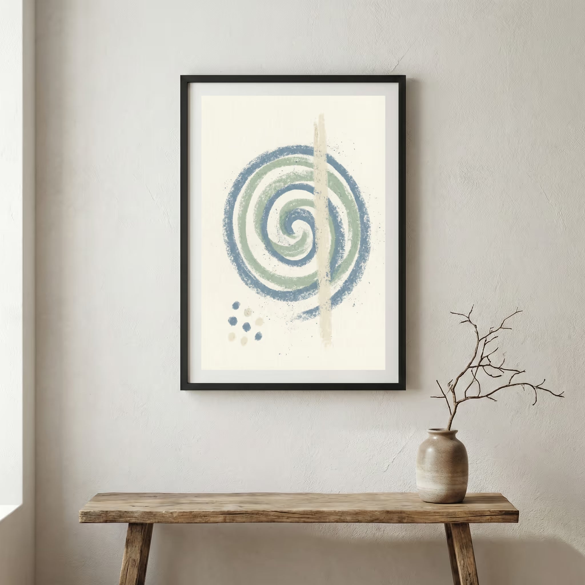 Blue Green Spiral Abstract canvas wall art in a framed room setting