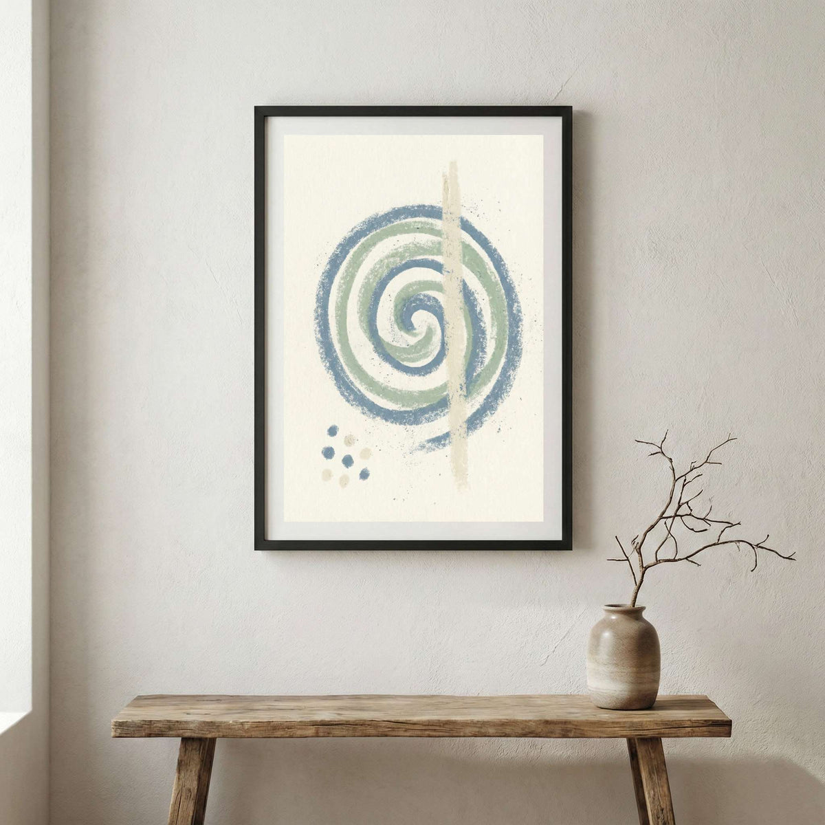 Blue Green Spiral Abstract canvas wall art in a framed room setting