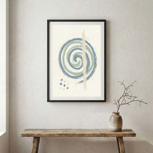 Blue Green Spiral Abstract canvas wall art in a framed room setting