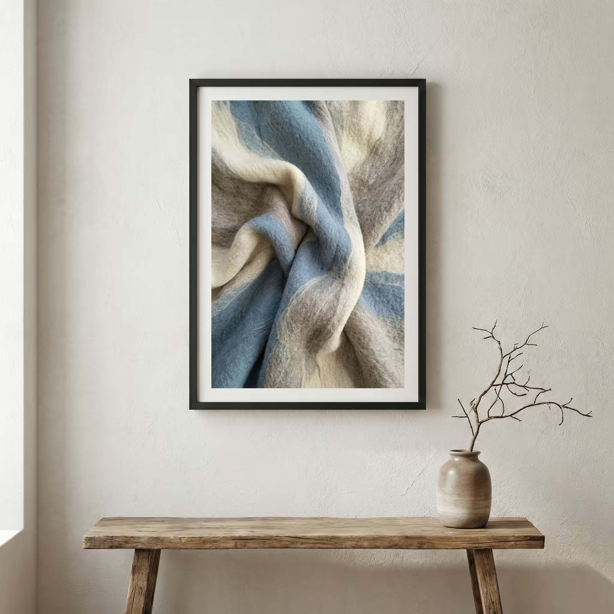 Blue Beige Marble Abstract canvas wall art in a framed room setting