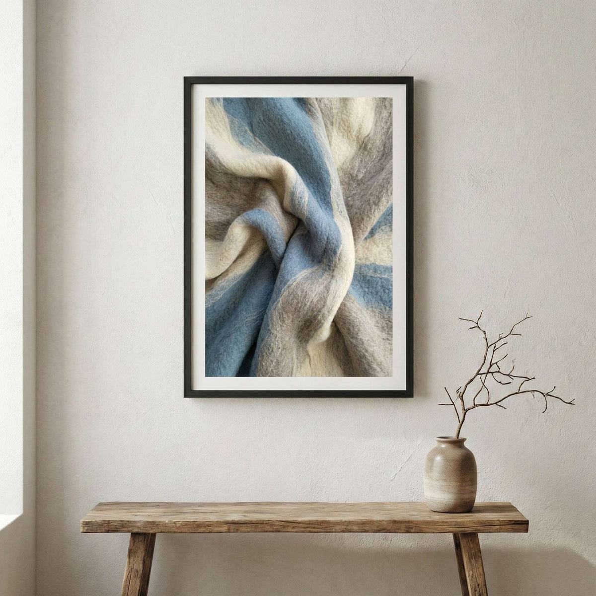 Blue Beige Marble Abstract canvas wall art in a framed room setting