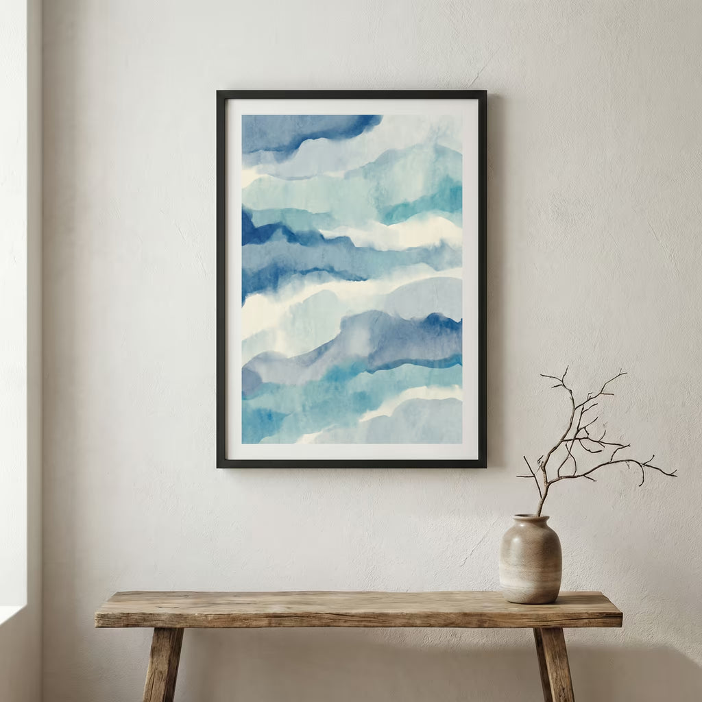 Blue Coastal-Inspired Abstract canvas wall art in a framed room setting