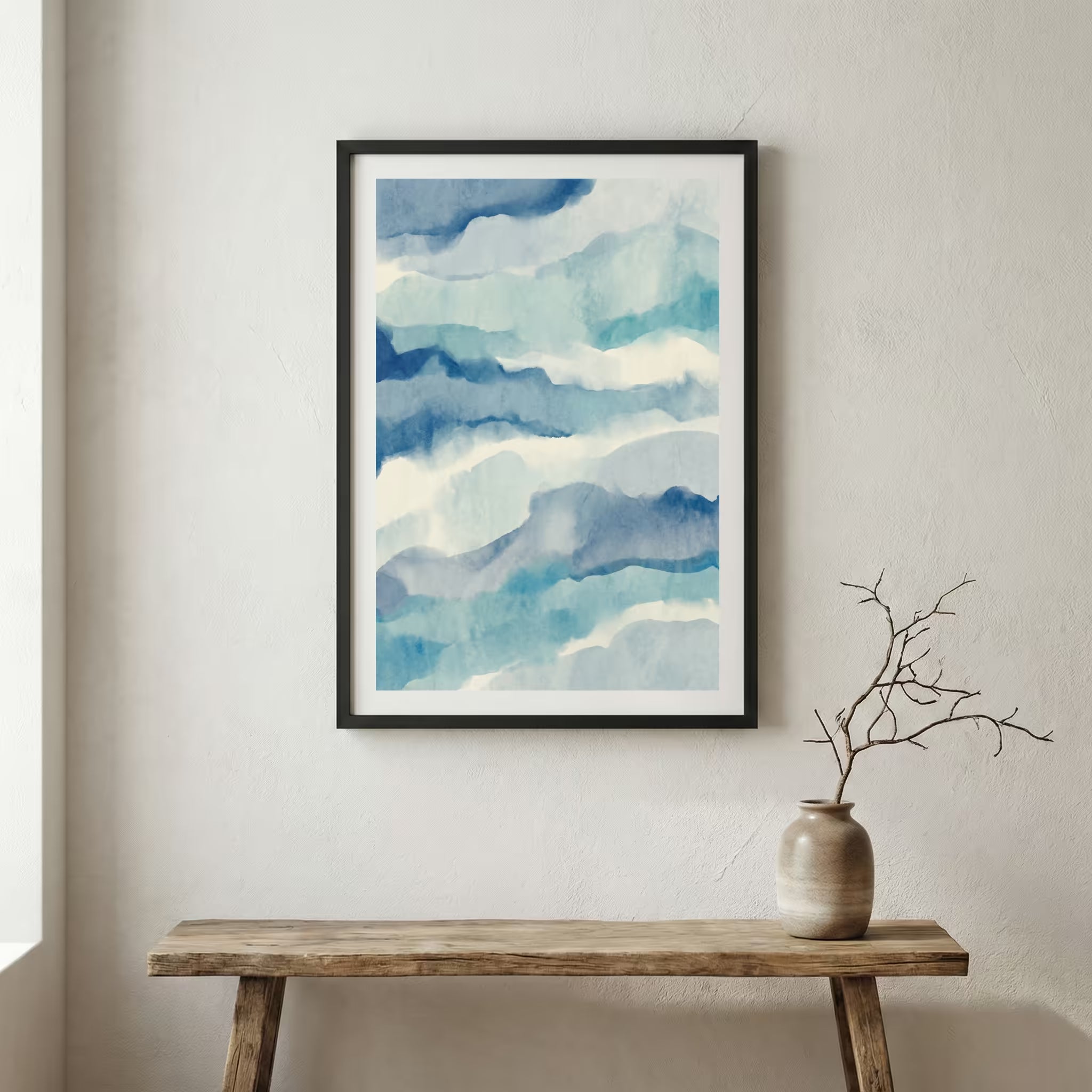 Blue Coastal-Inspired Abstract canvas wall art in a framed room setting