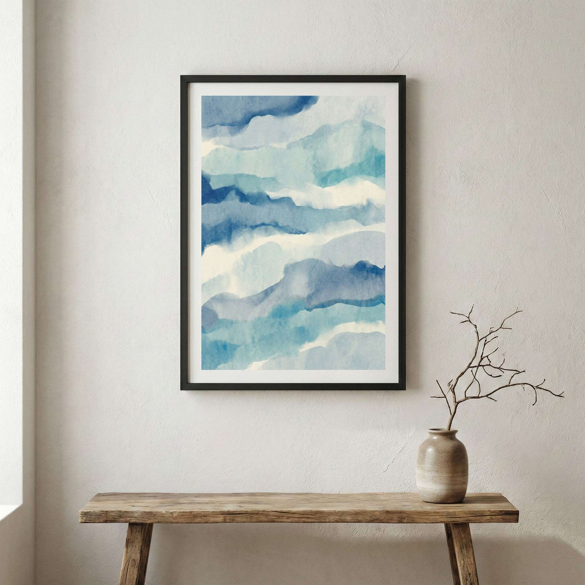Blue Coastal-Inspired Abstract canvas wall art in a framed room setting