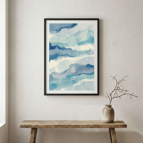 Blue Coastal-Inspired Abstract canvas wall art in a framed room setting