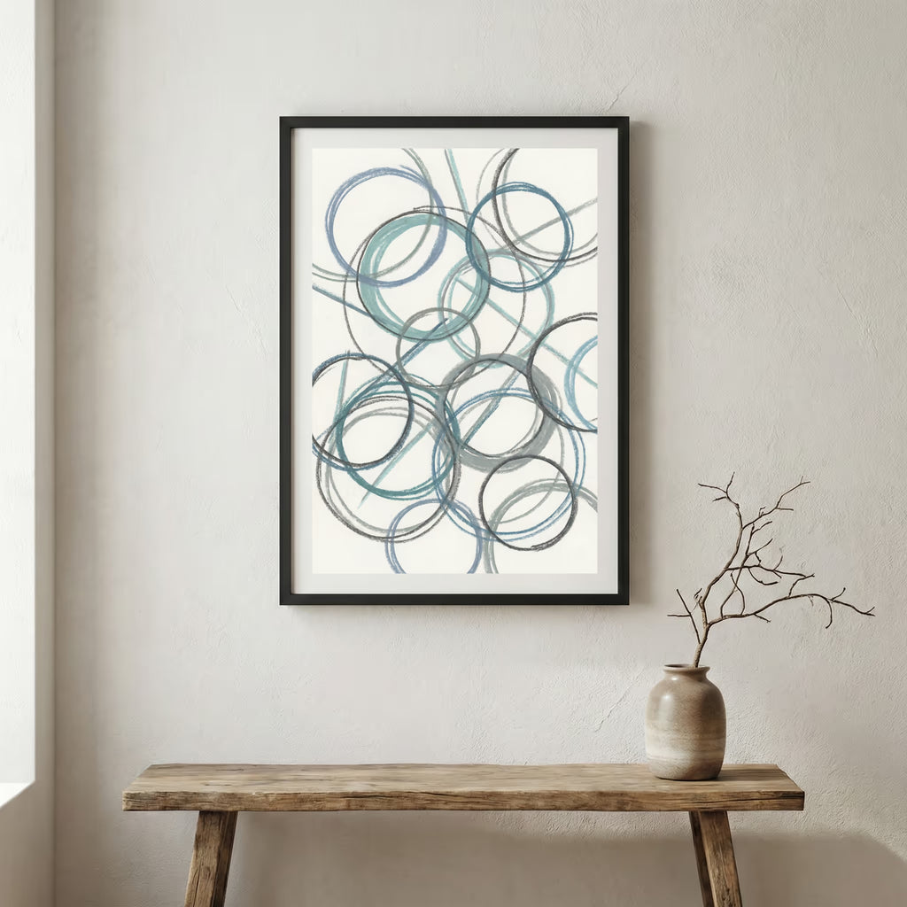 Blue Gray Circle Line Abstract canvas wall art in a framed room setting