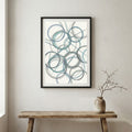 Blue Gray Circle Line Abstract canvas wall art in a framed room setting