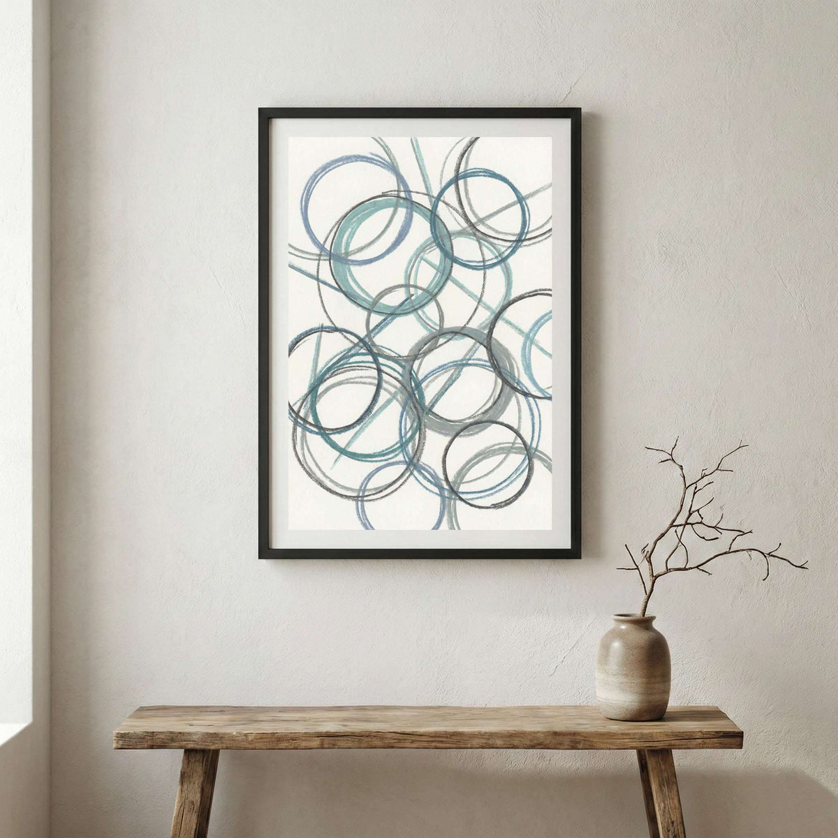 Blue Gray Circle Line Abstract canvas wall art in a framed room setting