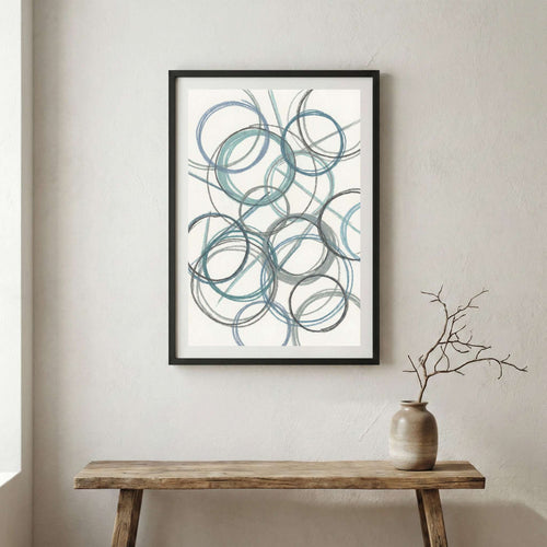Blue Gray Circle Line Abstract canvas wall art in a framed room setting