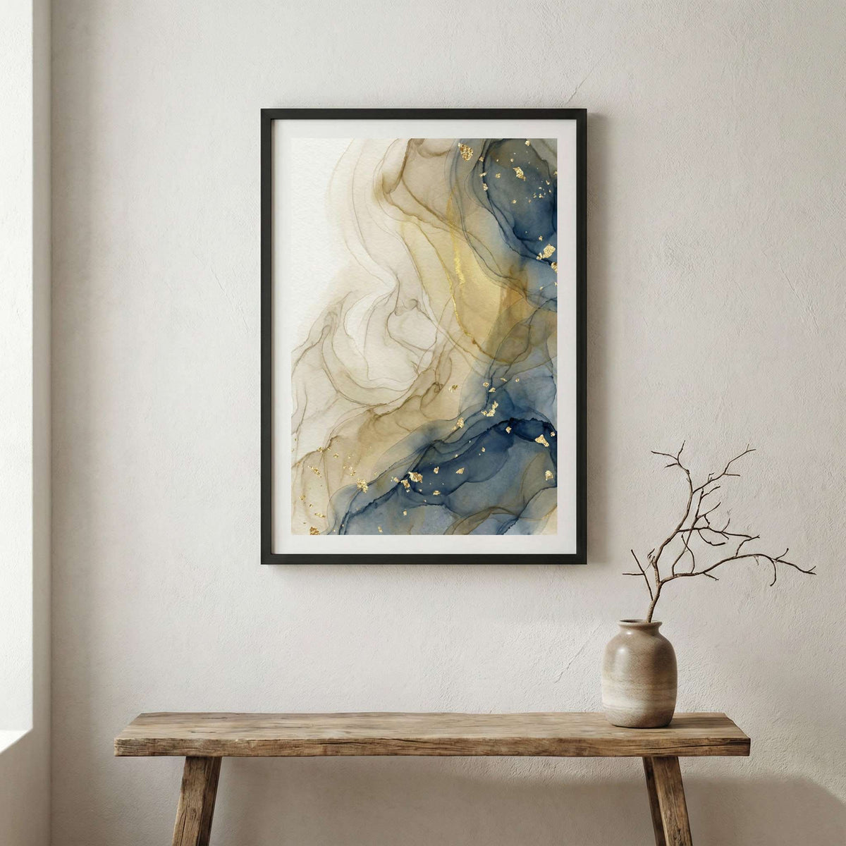 Cream Gold Fluid Abstract canvas wall art in a framed room setting