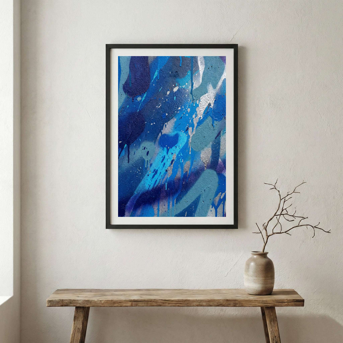 Blue Water-Inspired Abstract canvas wall art in a framed room setting