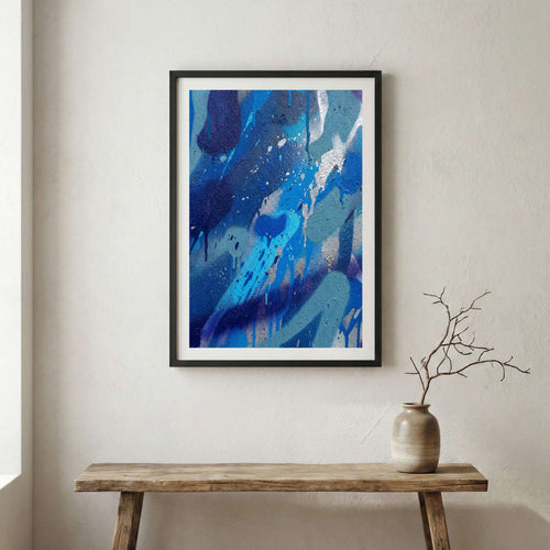 Blue Water-Inspired Abstract canvas wall art in a framed room setting