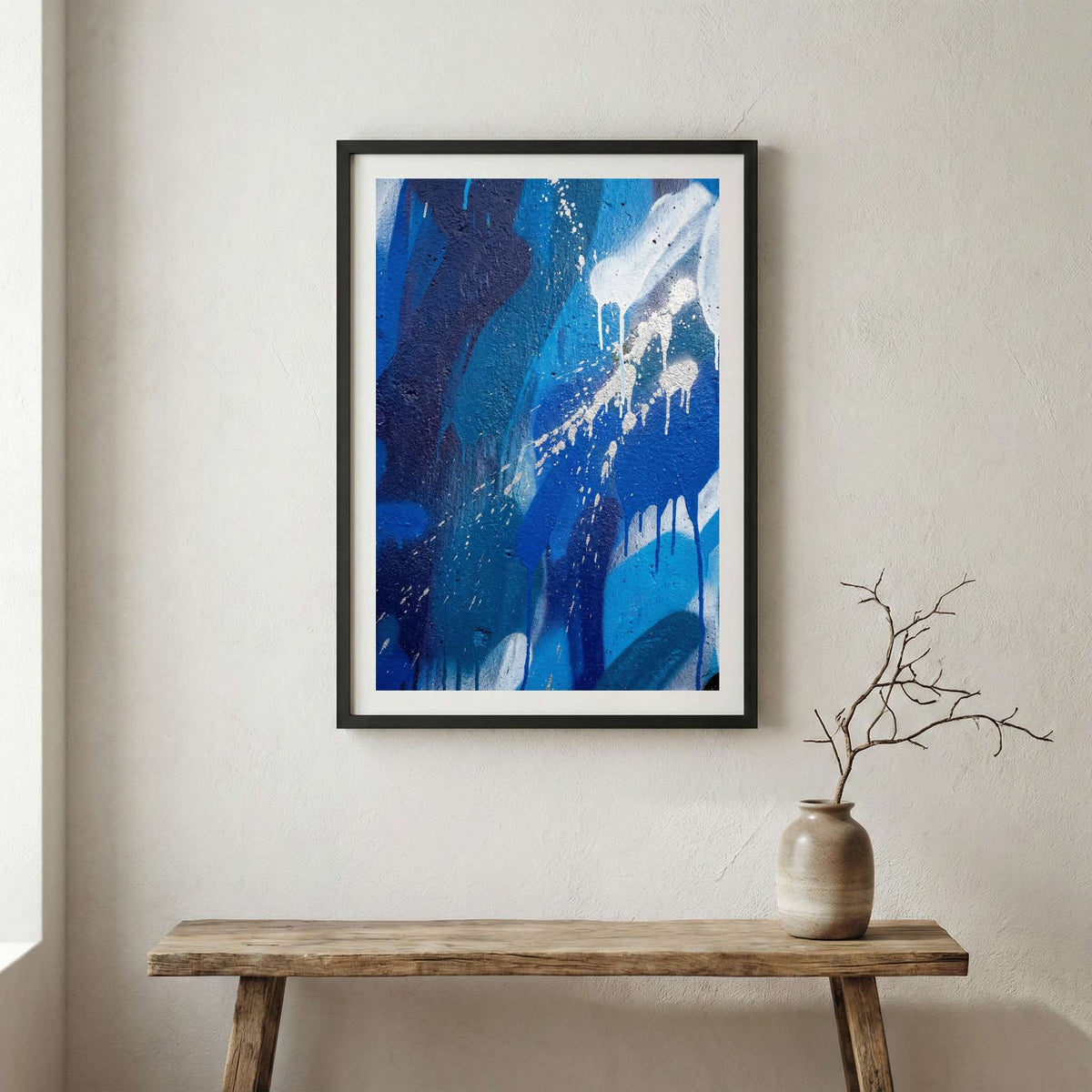 Blue White Expressive Abstract canvas wall art in a framed room setting