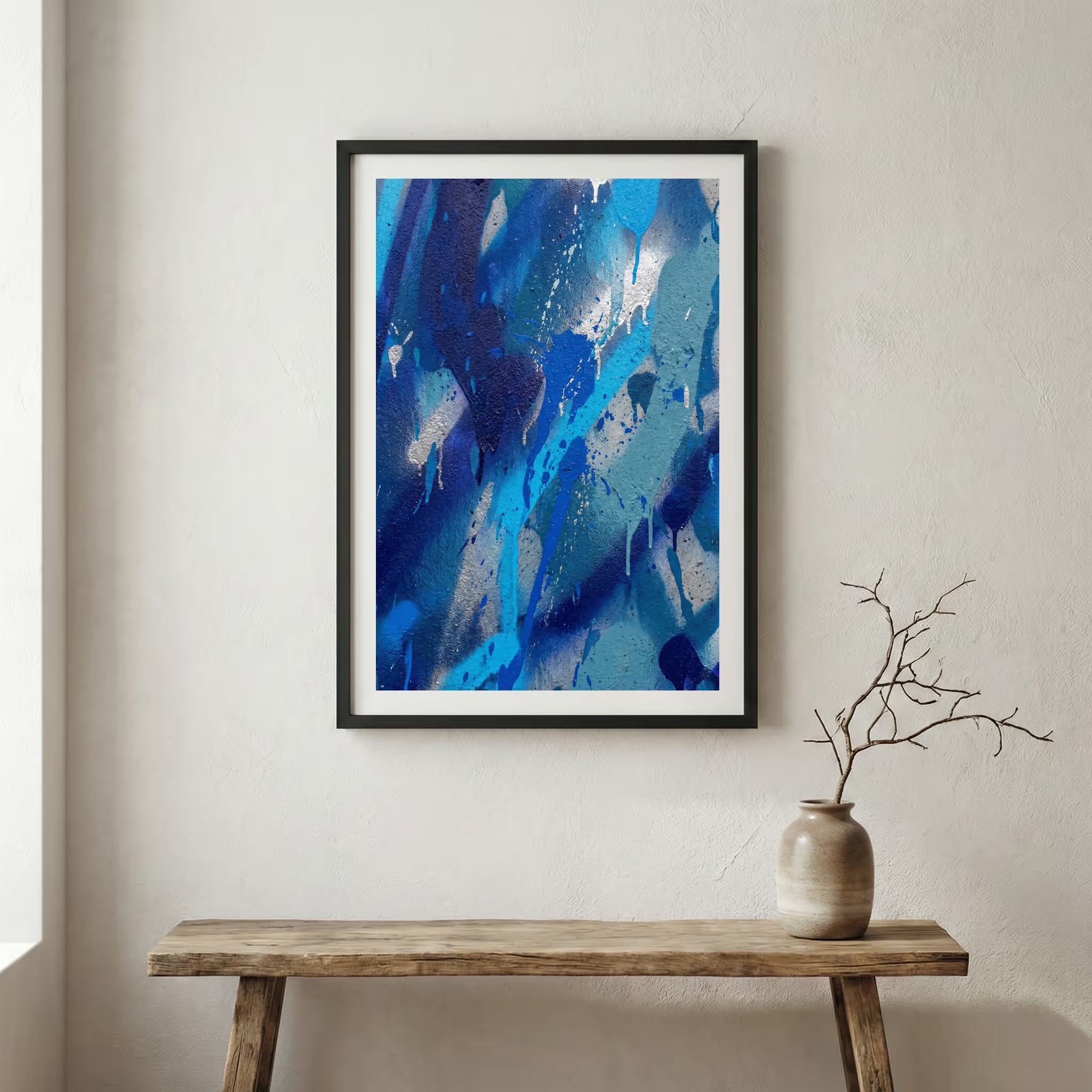 Blue Abstract Brushstrokes canvas wall art in a framed room setting