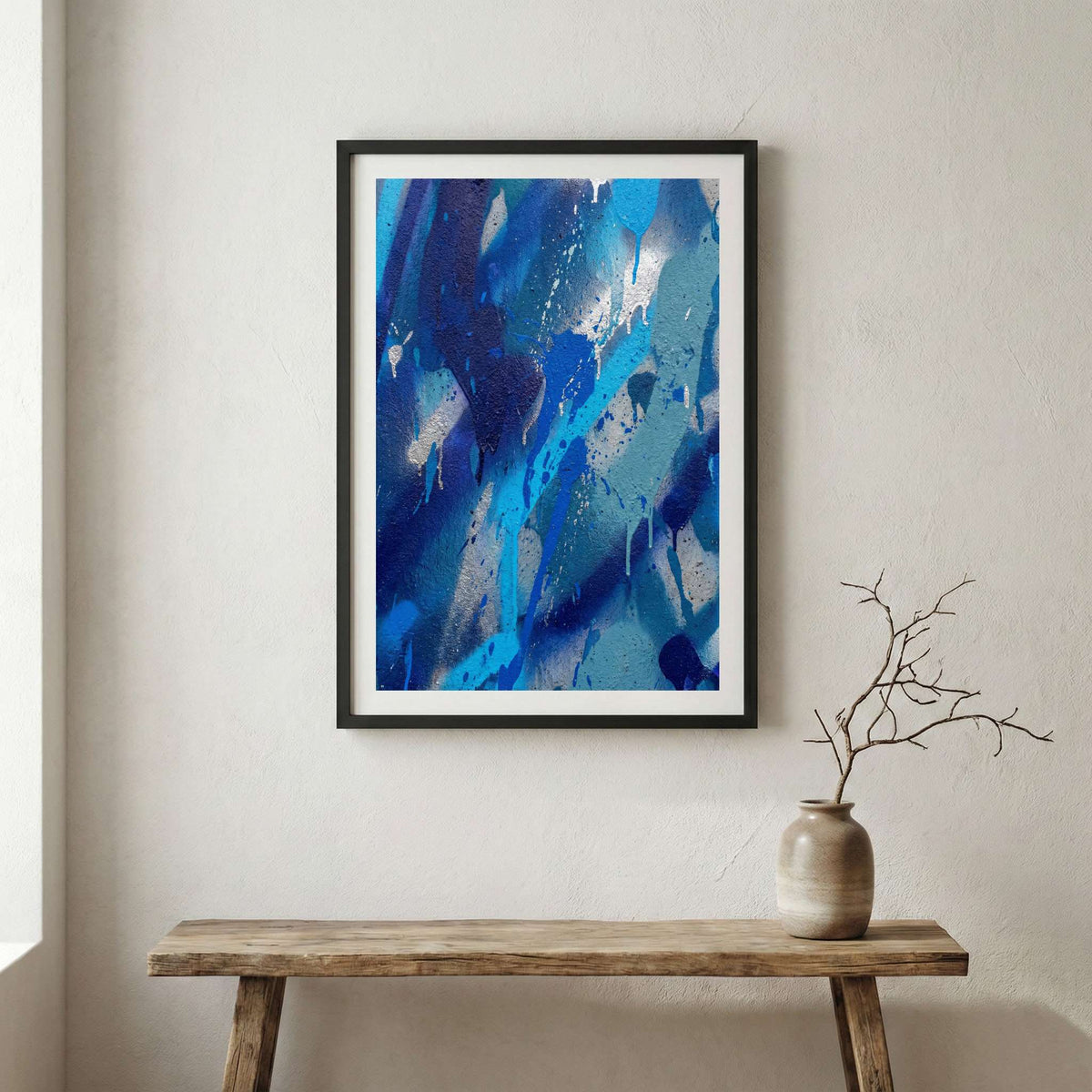 Blue Abstract Brushstrokes canvas wall art in a framed room setting