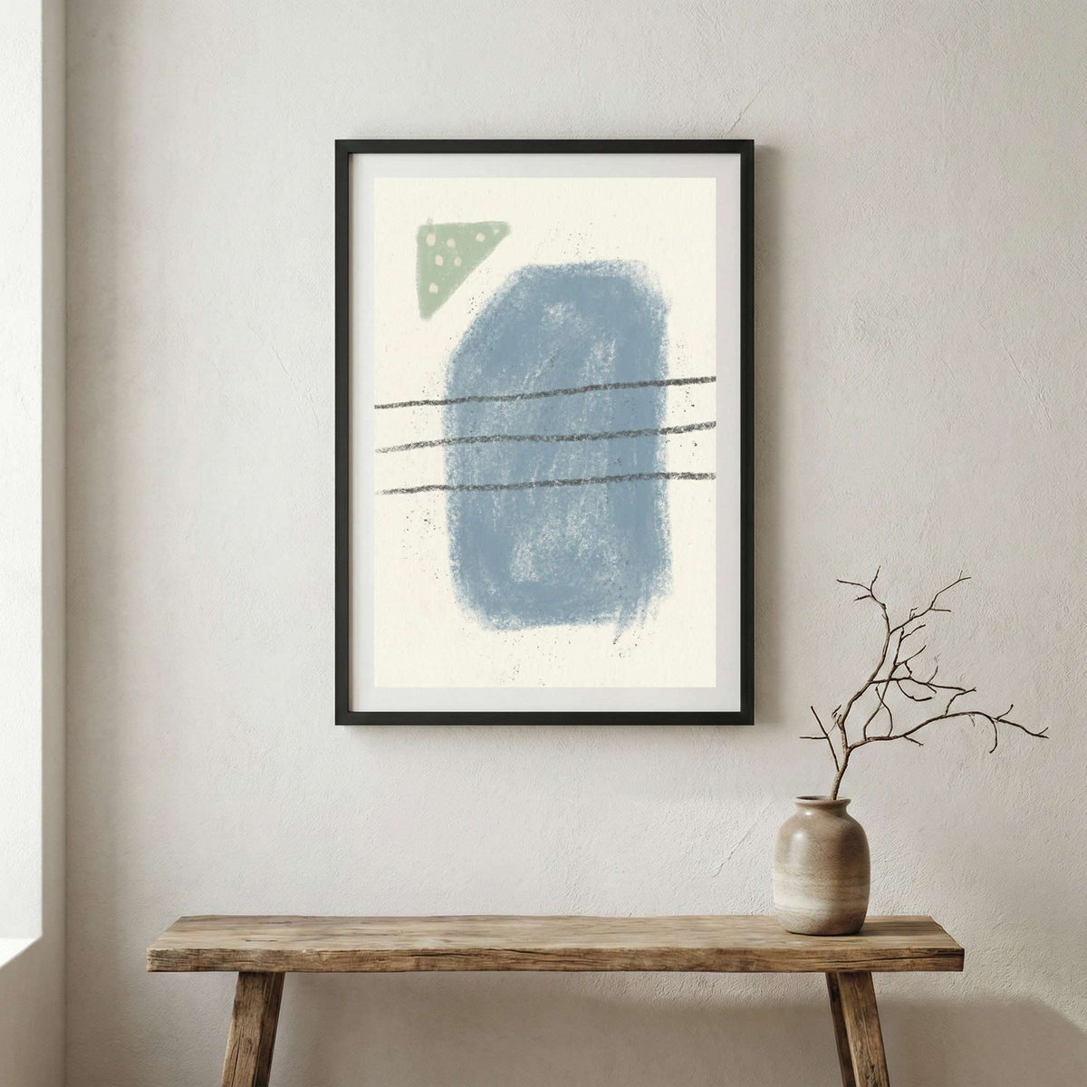 Blue Sage Minimal Abstract canvas wall art in a framed room setting