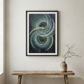 Teal Navy Spiral Abstract canvas wall art in a framed room setting