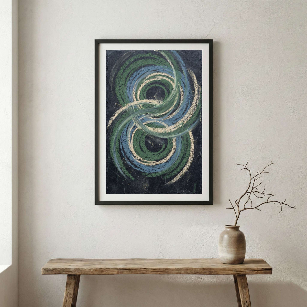 Teal Navy Spiral Abstract canvas wall art in a framed room setting