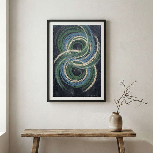 Teal Navy Spiral Abstract canvas wall art in a framed room setting