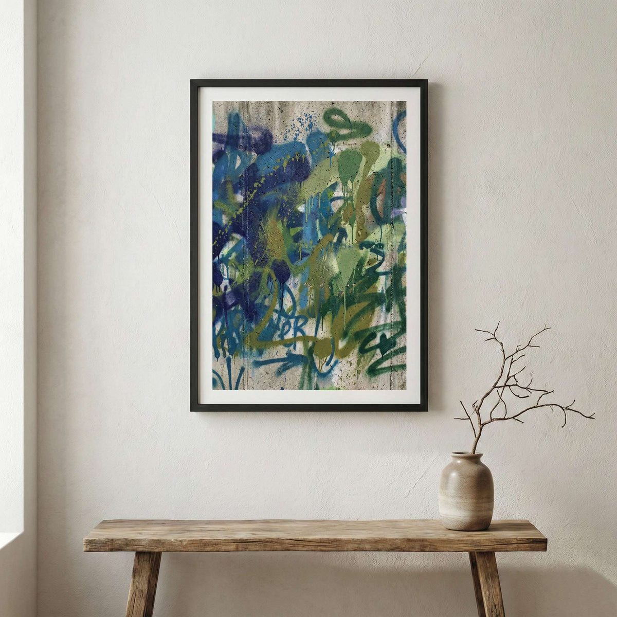 Blue Green Expressive Abstract canvas wall art in a framed room setting