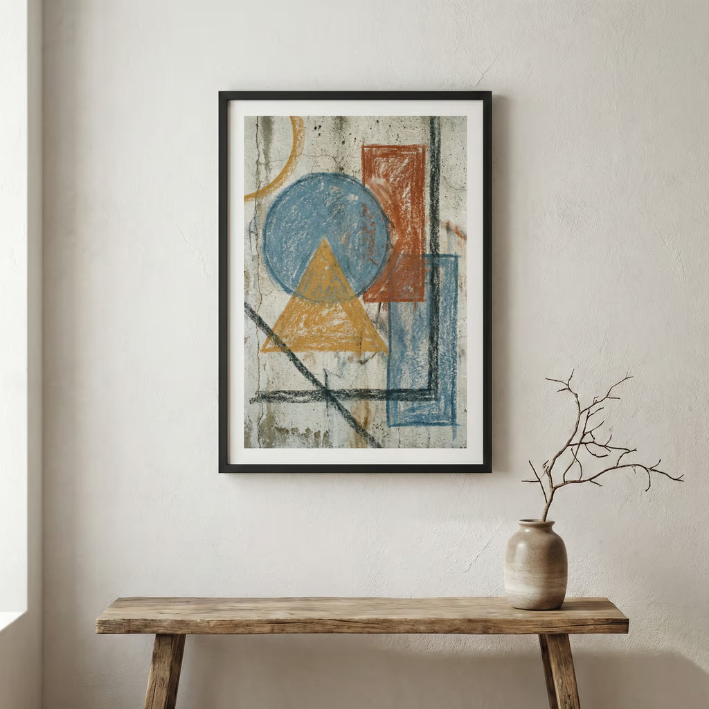 Blue Orange Geometric Abstract canvas wall art in a framed room setting