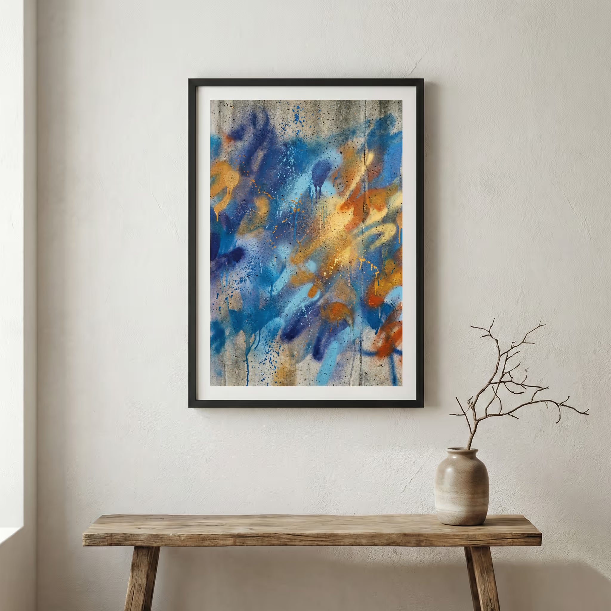 Blue Orange Expressive Abstract canvas wall art in a framed room setting