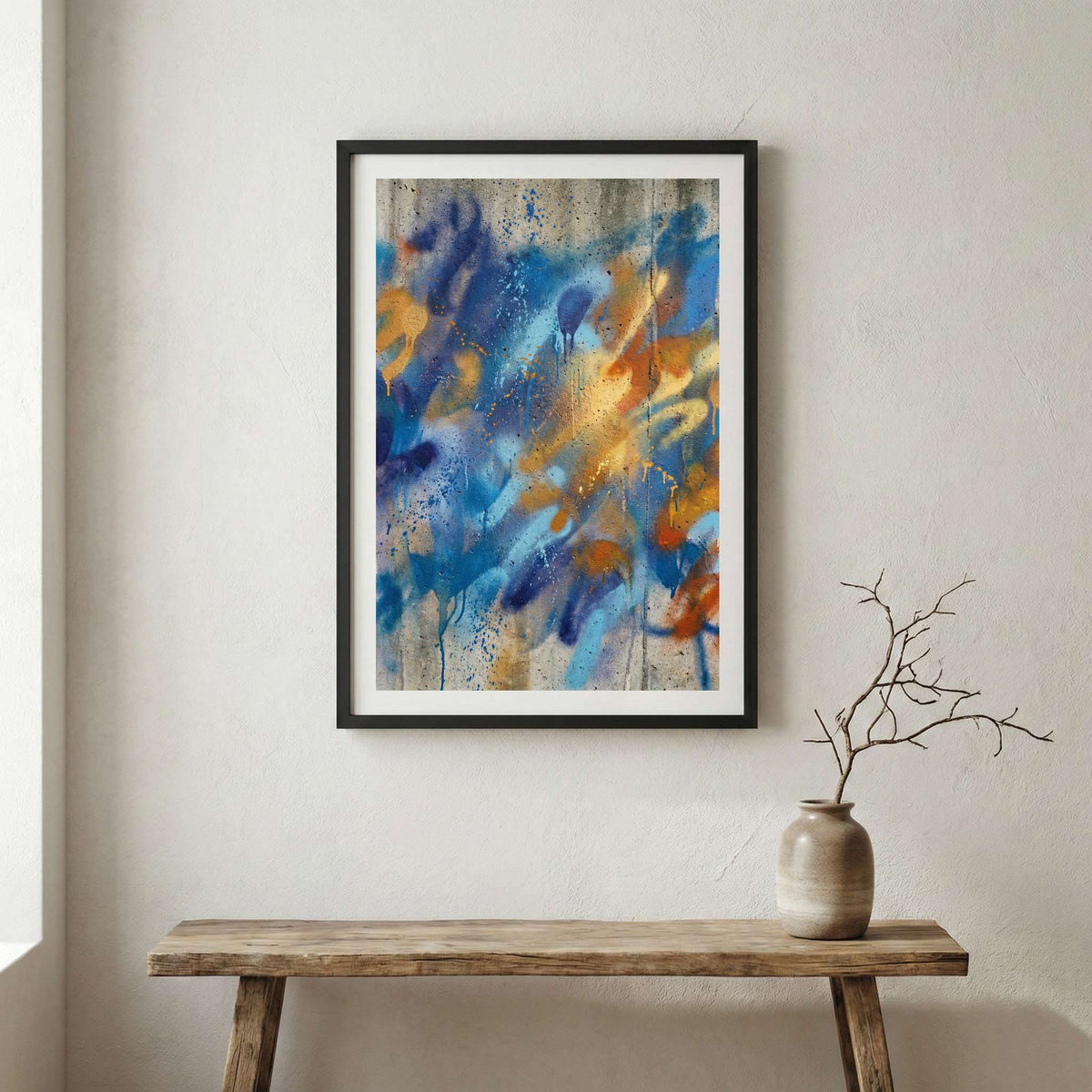 Blue Orange Expressive Abstract canvas wall art in a framed room setting