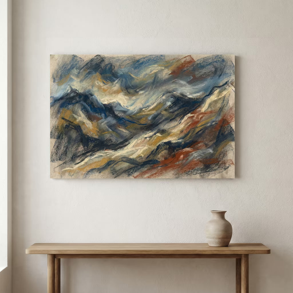 Blue Gold Flowing Abstract Landscape canvas wall art in a framed room setting