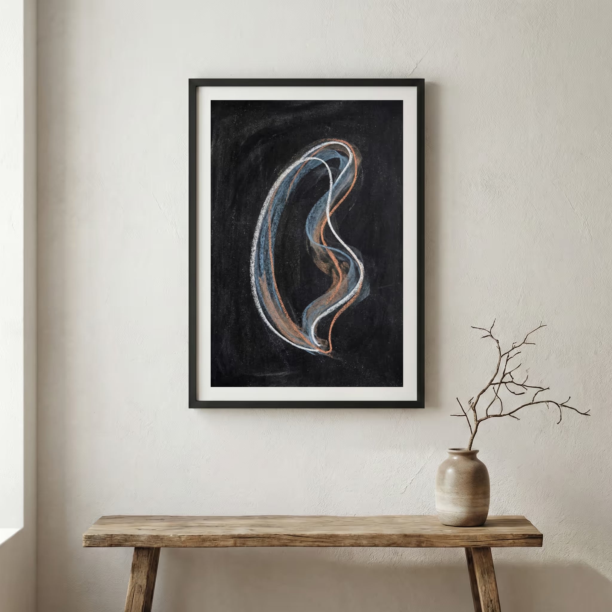 Black Silver Swoosh Abstract canvas wall art in a framed room setting