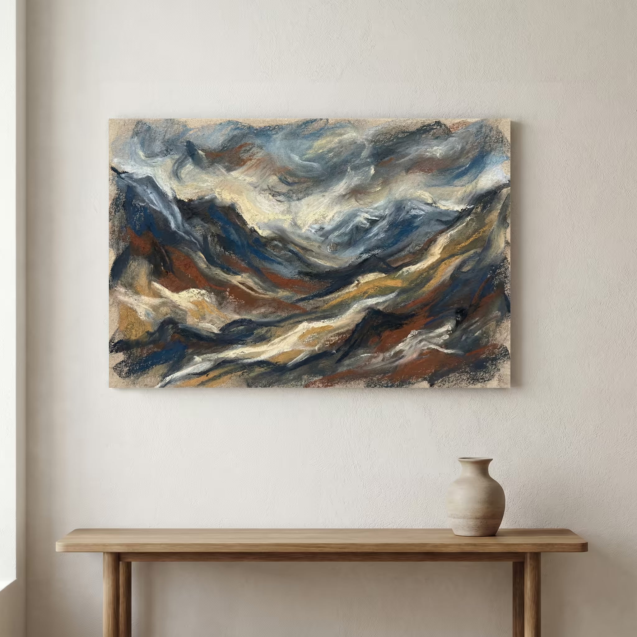 Blue Gold Flowing Abstract canvas wall art in a framed room setting
